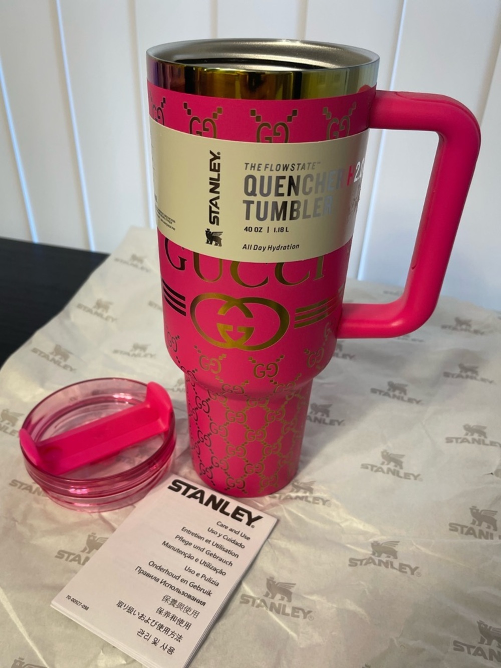 Custom Stanley 40oz Hot Pink Tumbler with Gold Accents - Picture 3 of 5